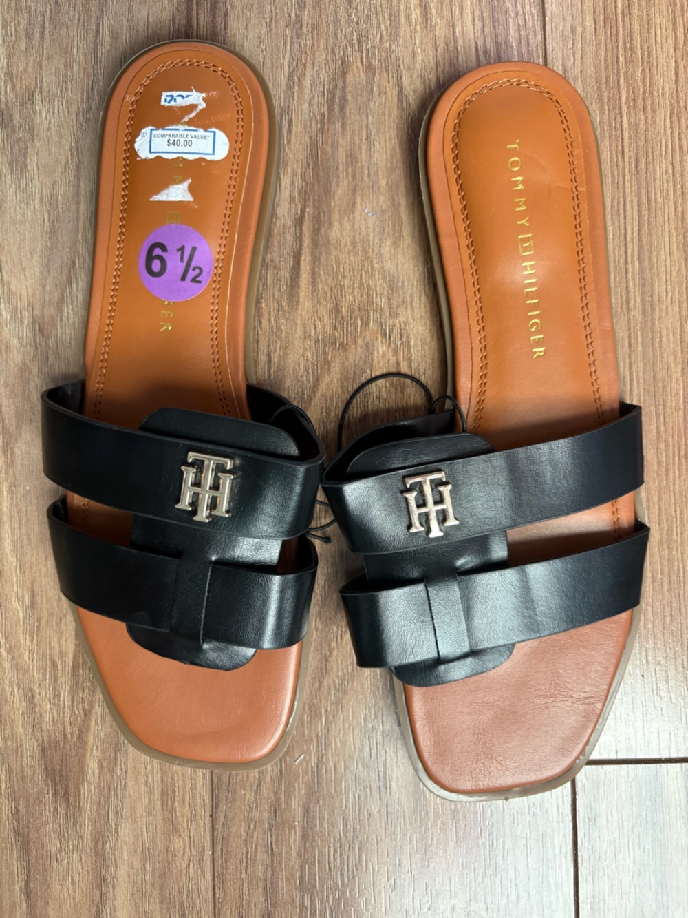 Tommy Hilfiger Black Leather Double-Strap Slide Sandals with Gold Logo